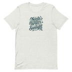 Pale Athletic gray colored crewneck t-shirt with dark green words that say 'Needs Water and Sunlight' in script style text with dragonfly, flower and leaf illustrations around the words.