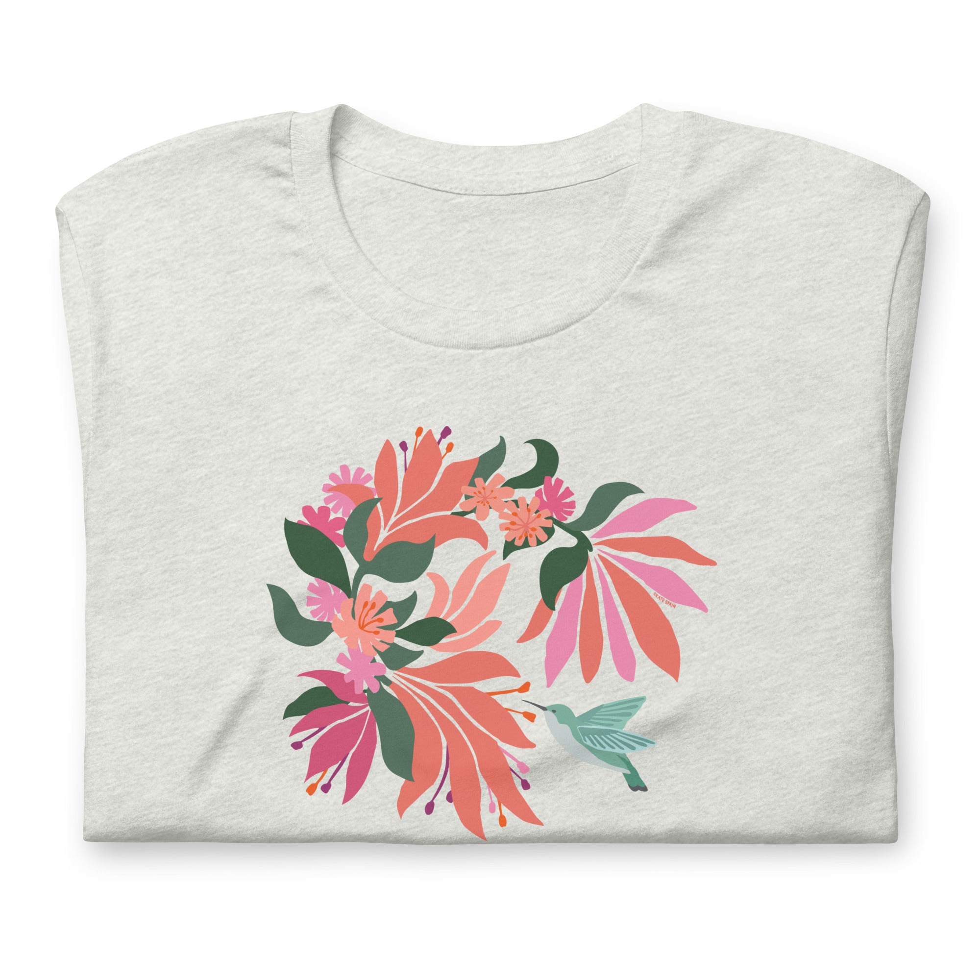 Pale athletic gray colored premium crewneck tshirt with large tropical flower design and small hummingbird graphic.