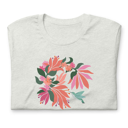 Pale athletic gray colored premium crewneck tshirt with large tropical flower design and small hummingbird graphic.
