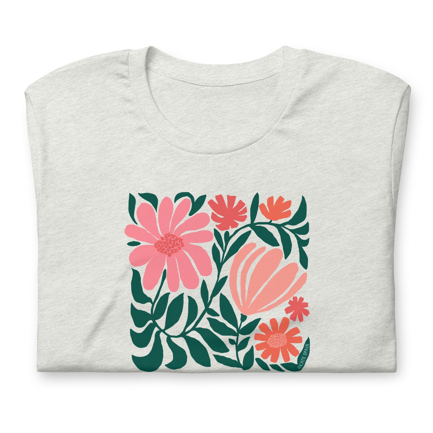 Minimalist floral graphic design with modern botanical illustrations printed on an pale gray heather colored premium crewneck tshirt. Shown folded for scale.