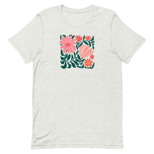 Minimalist floral graphic design with modern botanical illustrations printed on an pale gray heather colored premium crewneck tshirt.