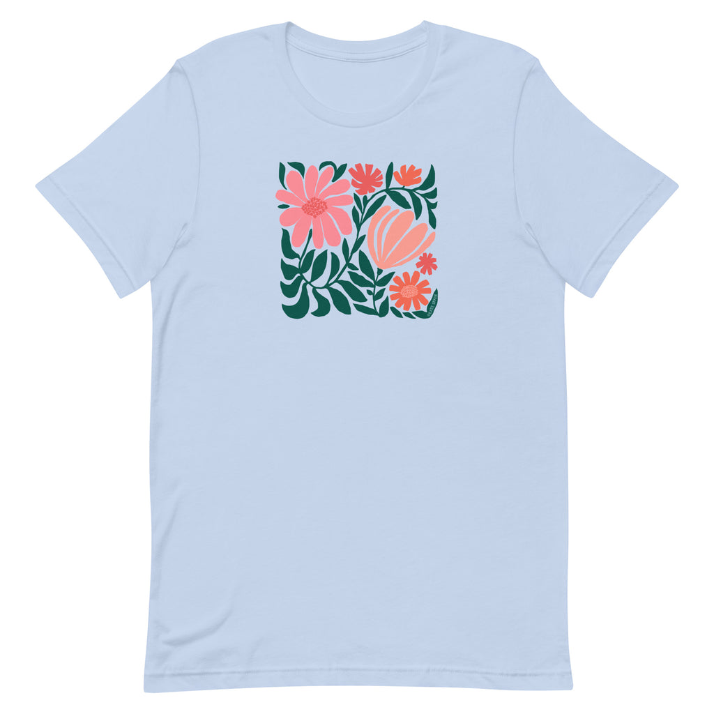 Minimalist floral graphic design with modern botanical illustrations printed on an pale baby blue colored premium crewneck tshirt.