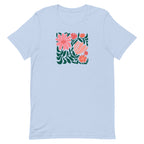 Minimalist floral graphic design with modern botanical illustrations printed on an pale baby blue colored premium crewneck tshirt.