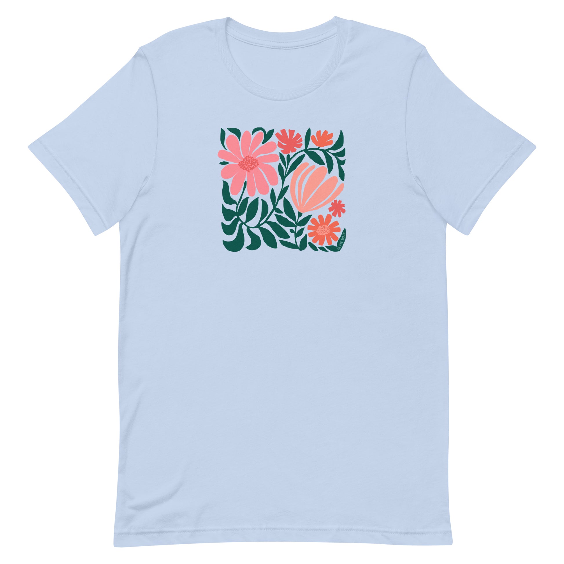Minimalist floral graphic design with modern botanical illustrations printed on an pale baby blue colored premium crewneck tshirt.