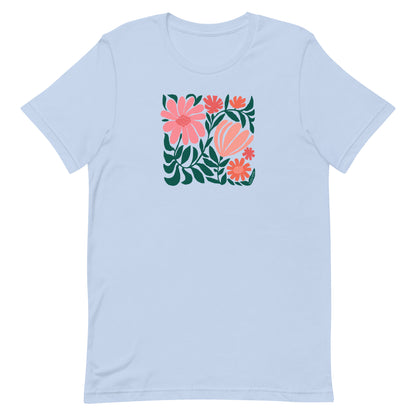 Minimalist floral graphic design with modern botanical illustrations printed on an pale baby blue colored premium crewneck tshirt.