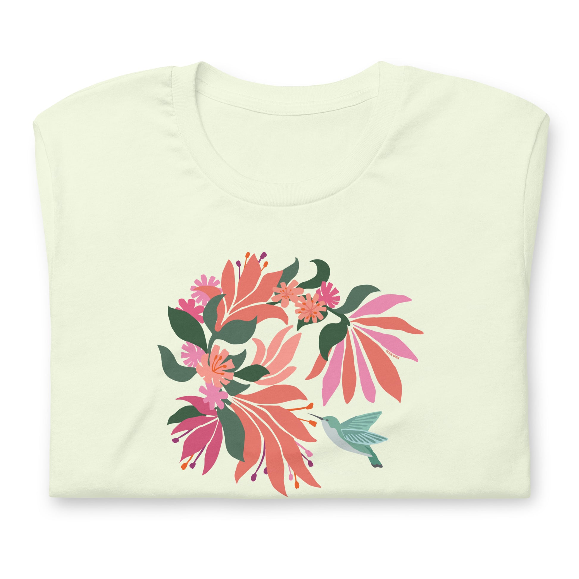Pale Citron colored premium crewneck tshirt with large tropical flower design and small hummingbird graphic.