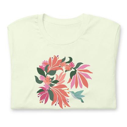 Pale Citron colored premium crewneck tshirt with large tropical flower design and small hummingbird graphic.