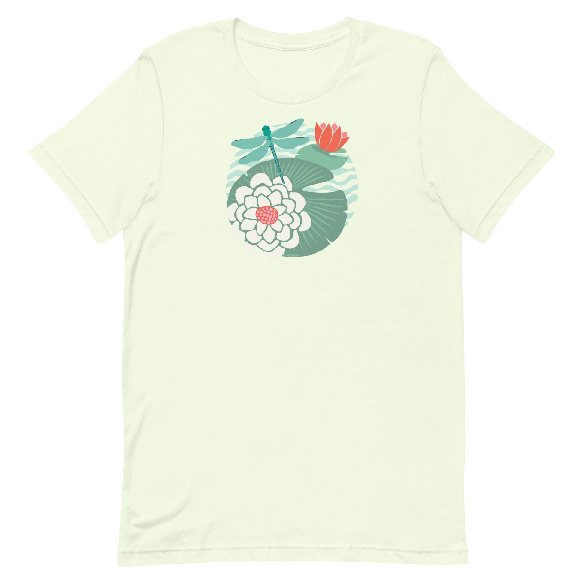 Illustrated dragonfly hovering over a green lily pad with pink and white water lily flowers on a calm pond, printed on a soft pale citron colored premium quality crewneck t-shirt.