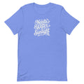 Bright columbia blue colored crewneck t-shirt with white words that say 'Needs Water and Sunlight' in script style text with dragonfly, flower and leaf illustrations around the words.