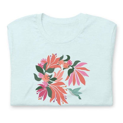 Heather Ice Blue colored premium crewneck tshirt with large tropical flower design and small hummingbird graphic.