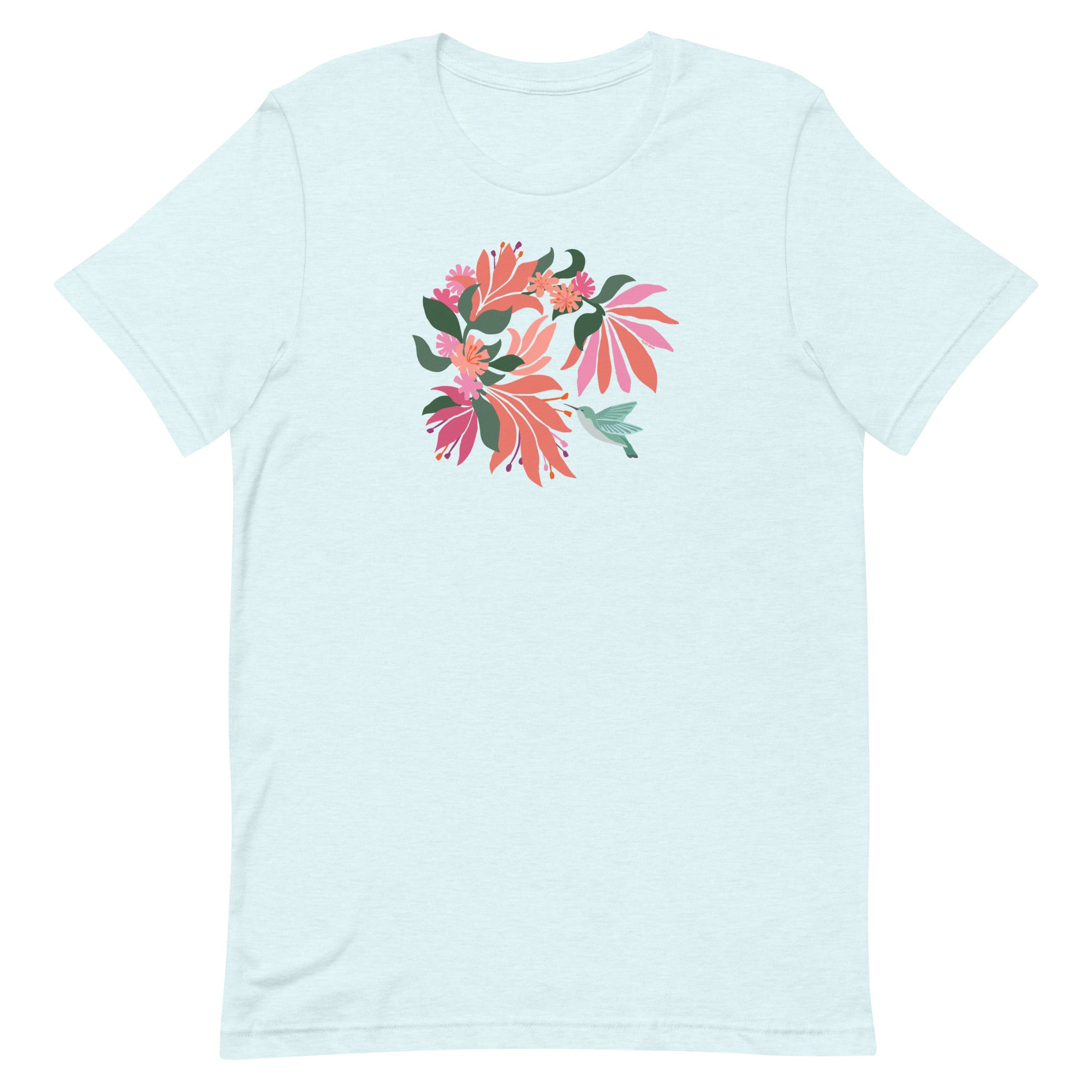 Heather Ice Blue colored premium crewneck tshirt with large tropical flower design and small hummingbird graphic.