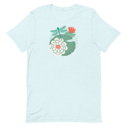 Illustrated dragonfly hovering over a green lily pad with pink and white water lily flowers on a calm pond, printed on a soft pale ice blue colored premium quality crewneck t-shirt.