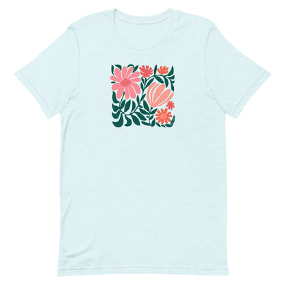Minimalist floral graphic design with modern botanical illustrations printed on an pale ice blue colored premium crewneck tshirt.