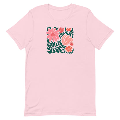 Minimalist floral graphic design with modern botanical illustrations printed on an pale soft pink colored premium crewneck tshirt.
