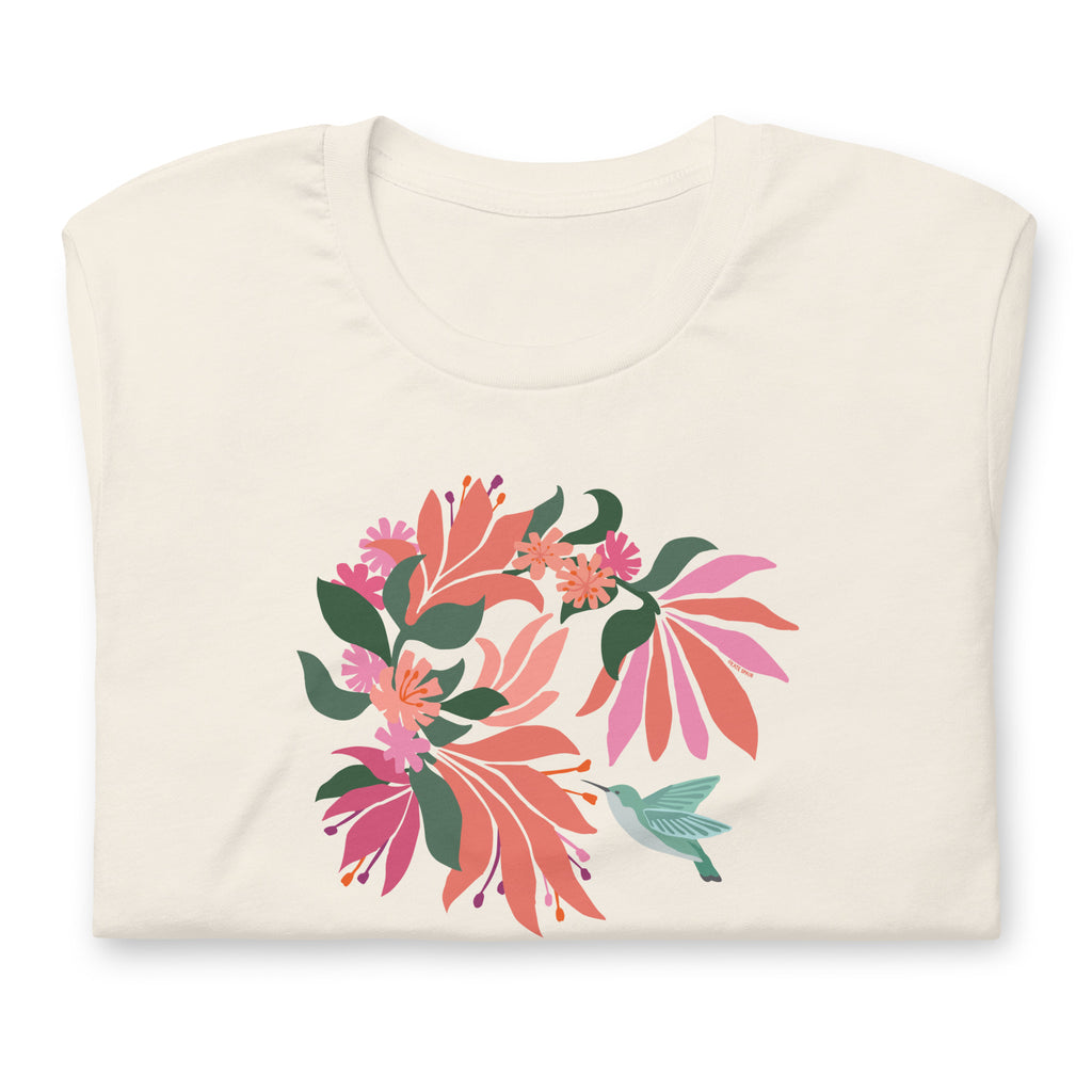 Pale off-white cream colored premium crewneck tshirt with large tropical flower design and small hummingbird graphic.