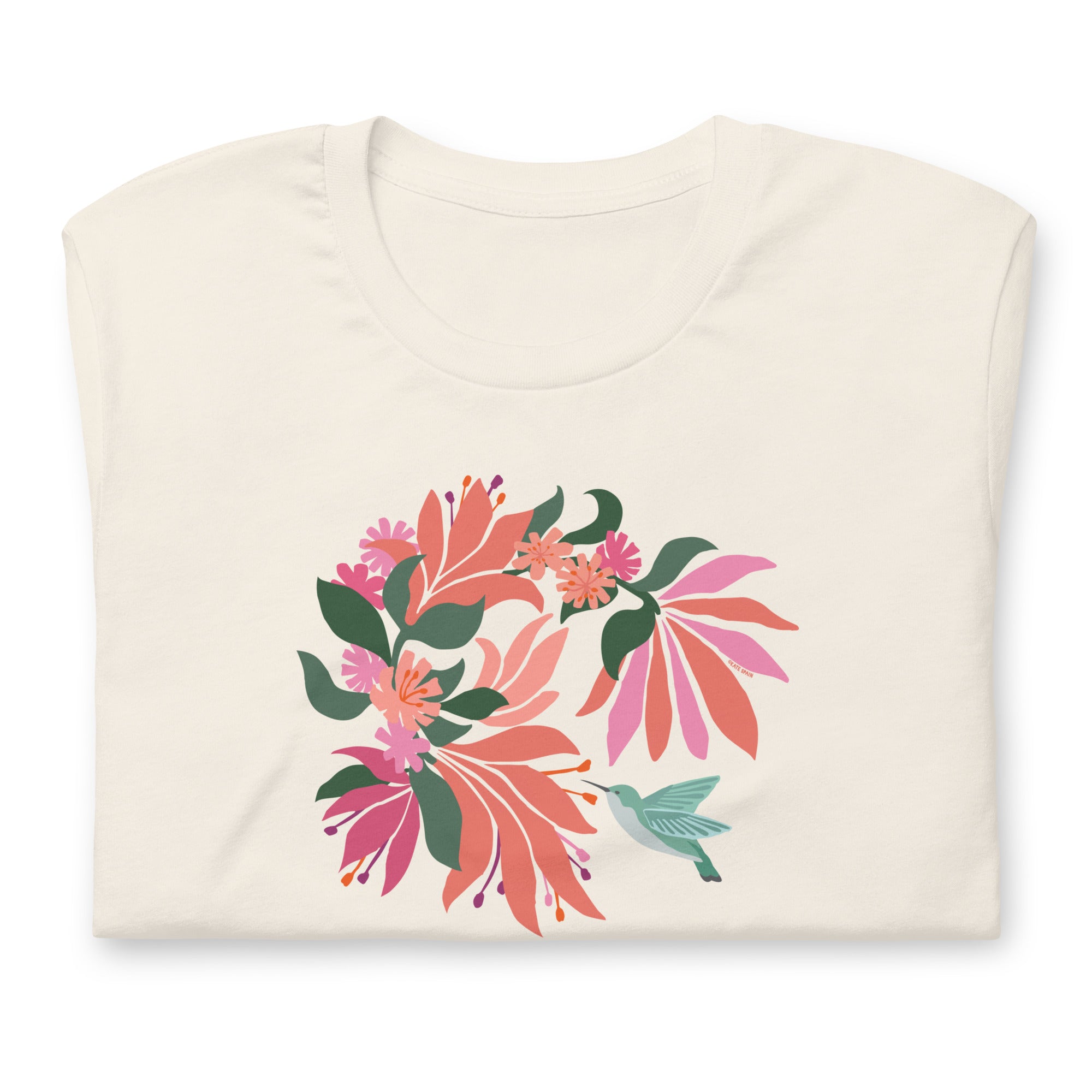 Pale off-white cream colored premium crewneck tshirt with large tropical flower design and small hummingbird graphic.