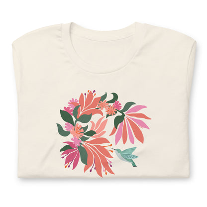 Pale off-white cream colored premium crewneck tshirt with large tropical flower design and small hummingbird graphic.