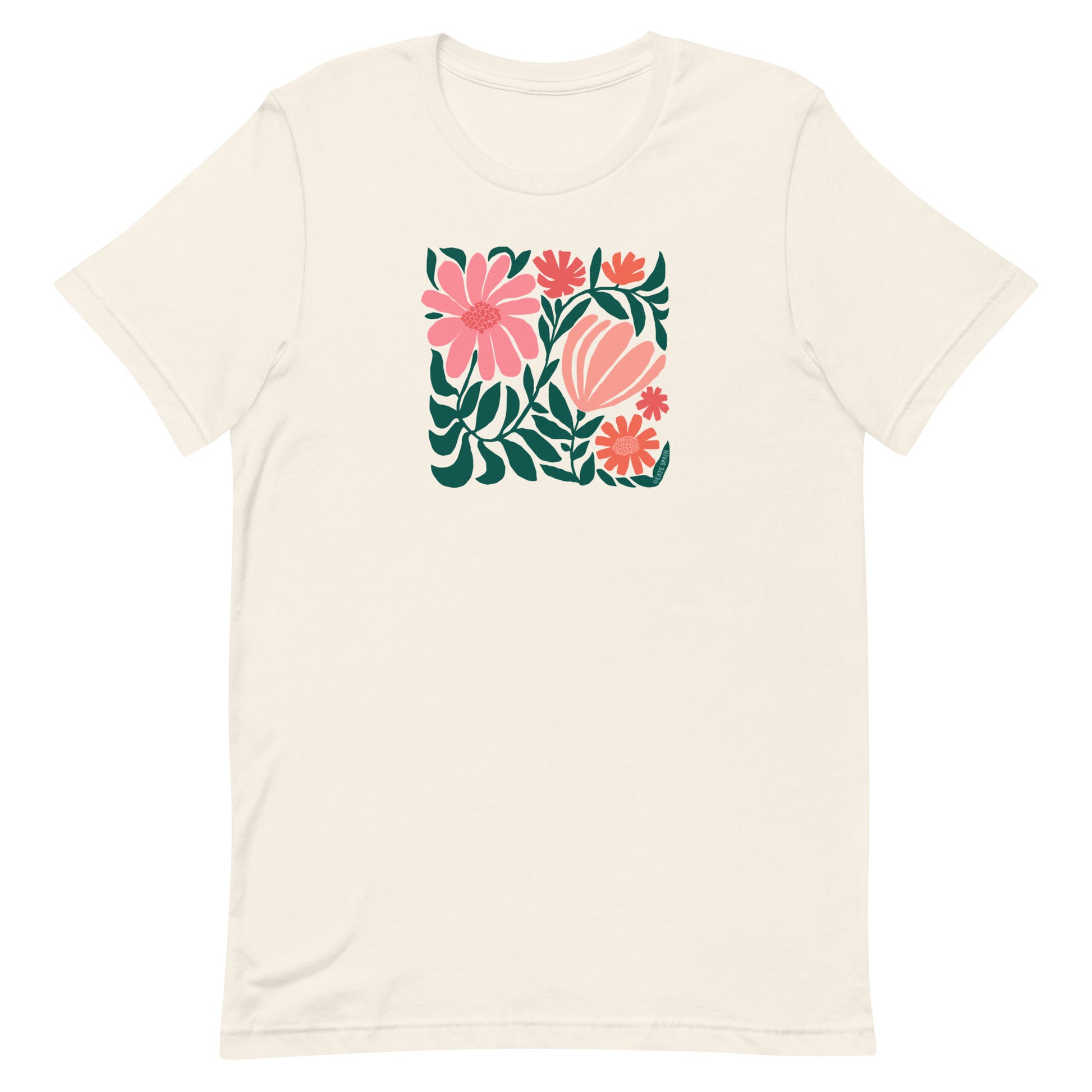 Minimalist floral graphic design with modern botanical illustrations printed on an pale off-white cream colored premium crewneck tshirt.